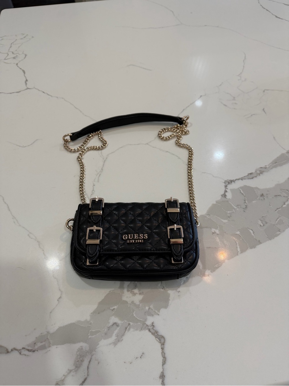 GUESS Black Quilted Crossbody with Gold Chain